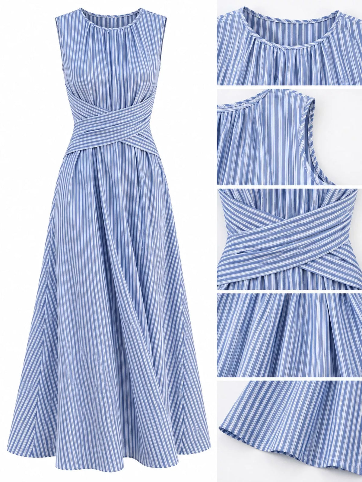 Women's Sleeveless Striped Maxi Dress with Criss-Cross Waist Detail in blue striped — detail collage view