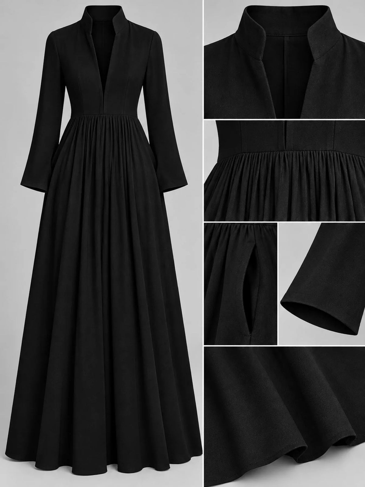 Black long sleeve button-front maxi dress, collar waist cuff and hem details