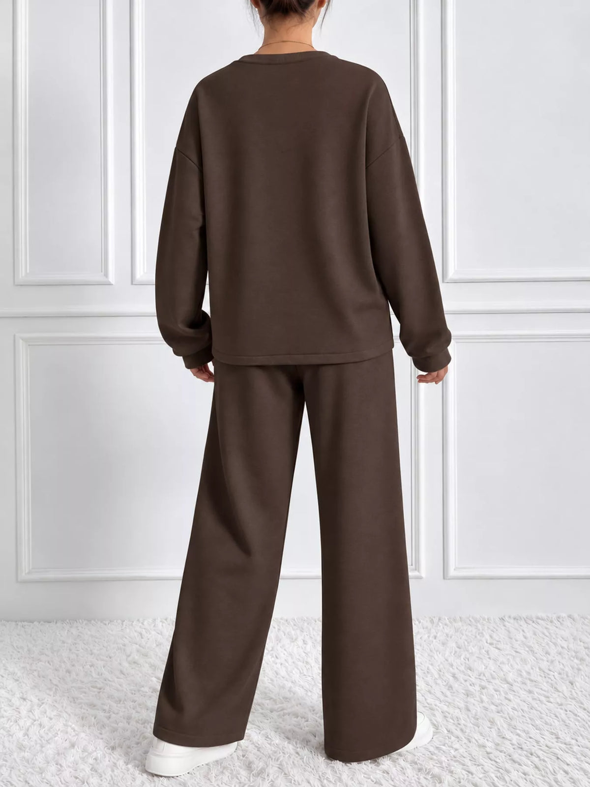 Brown oversized sweatshirt and wide-leg pants set — back view