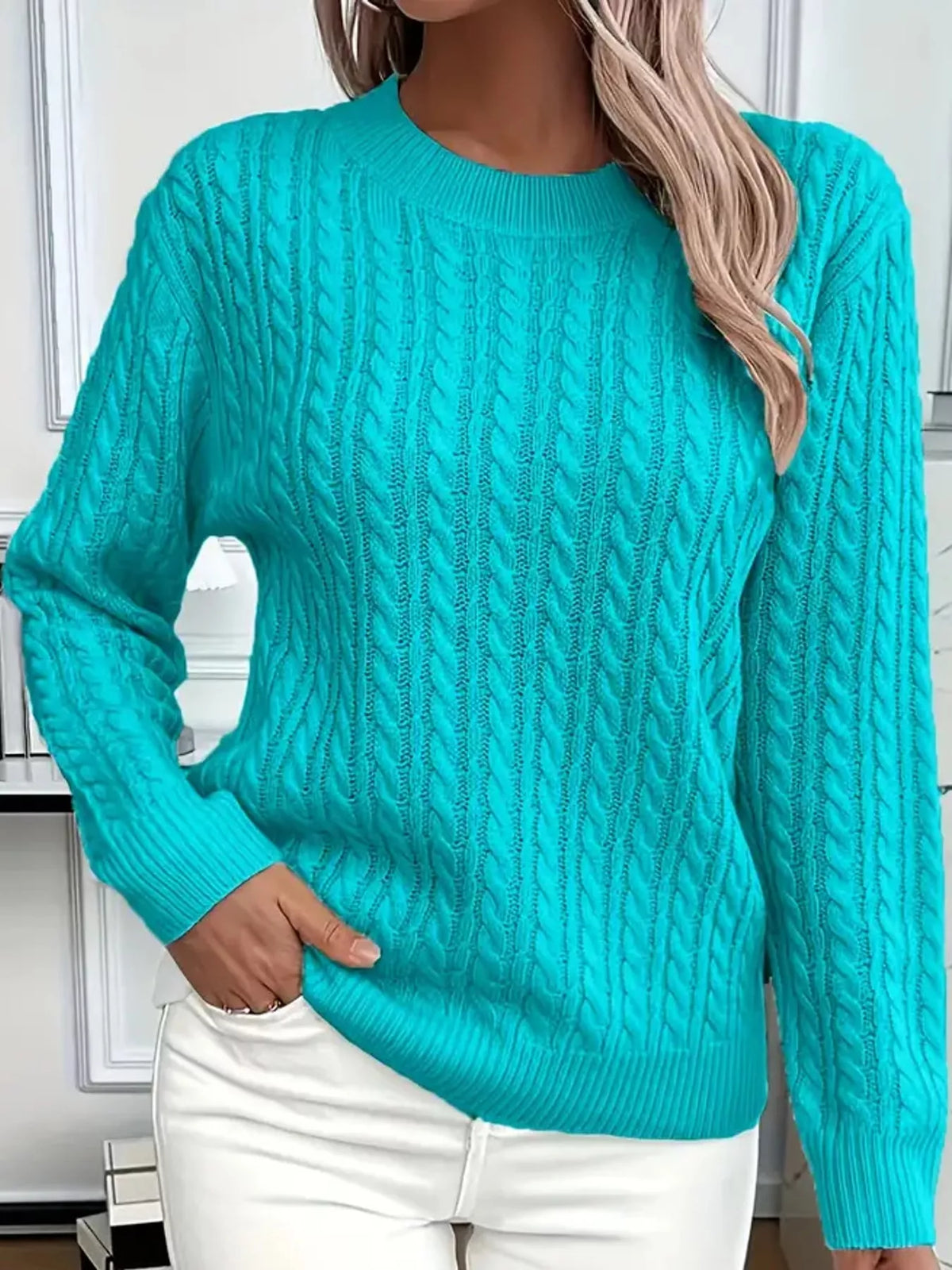 Lake Blue cable knit round neck sweater