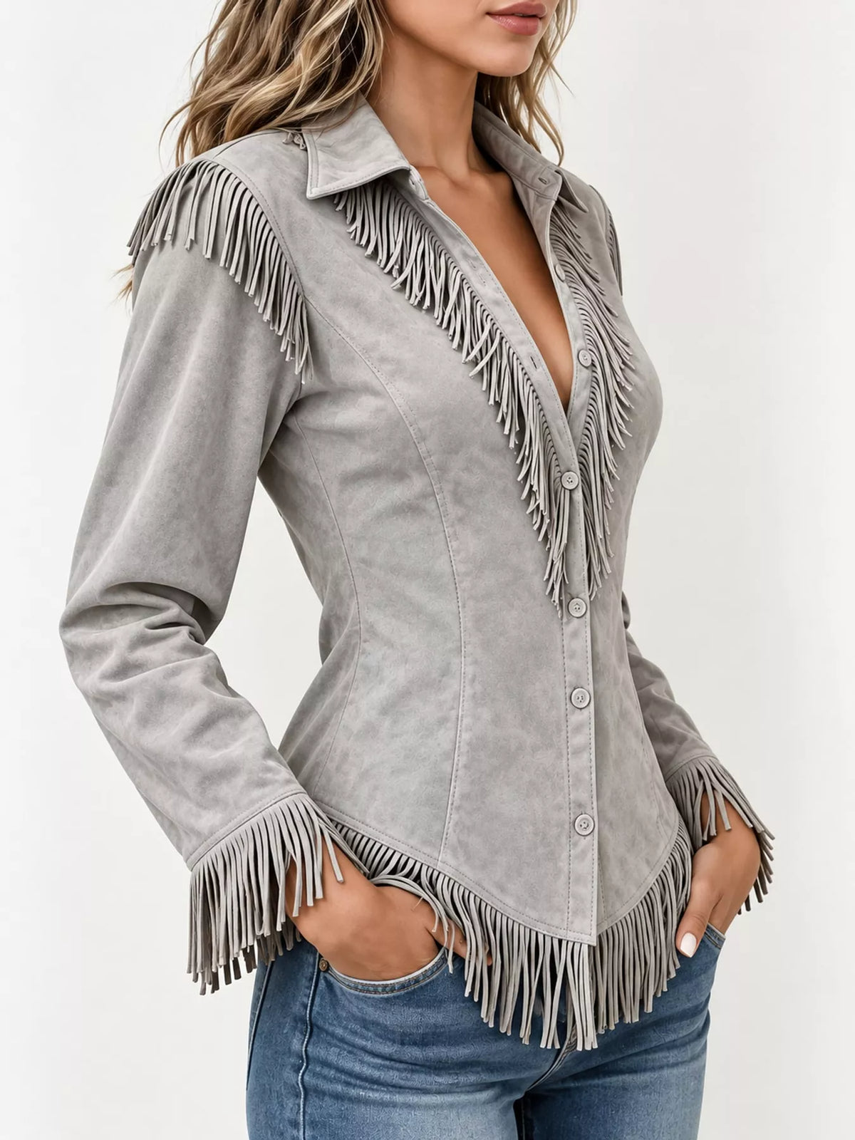 Fringe-detail shirt, gray side