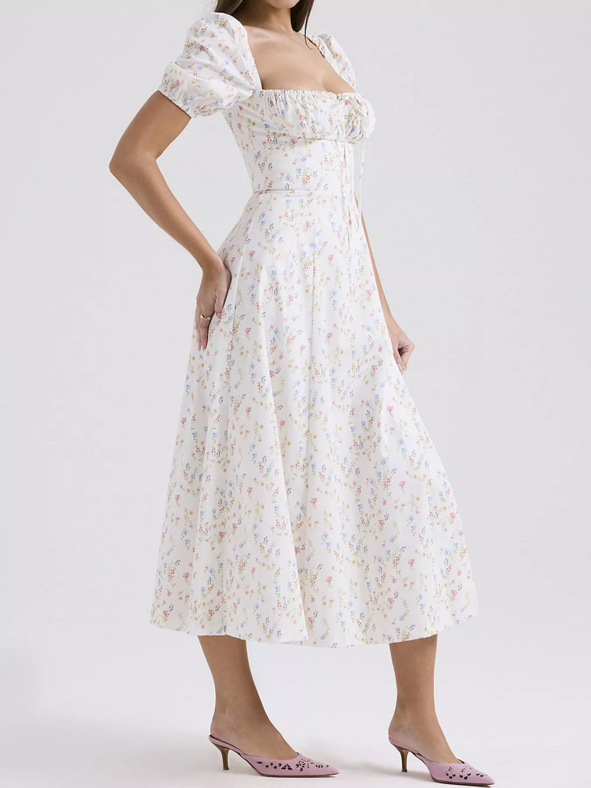 Women's Paneled Bodice Gathered Midi Dress in small floral — side view