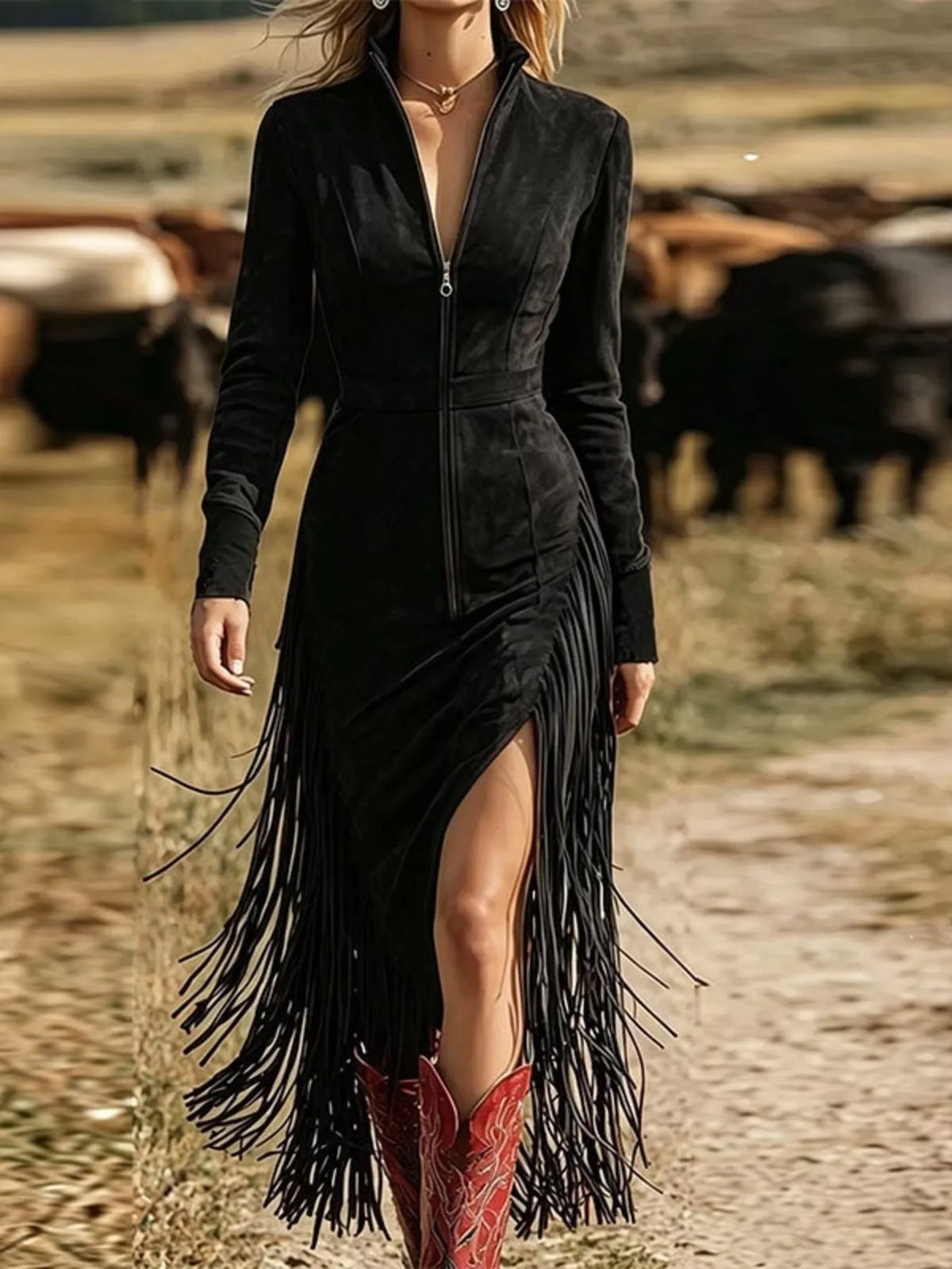 Trendsi Fringe Zip-Front Midi Dress -