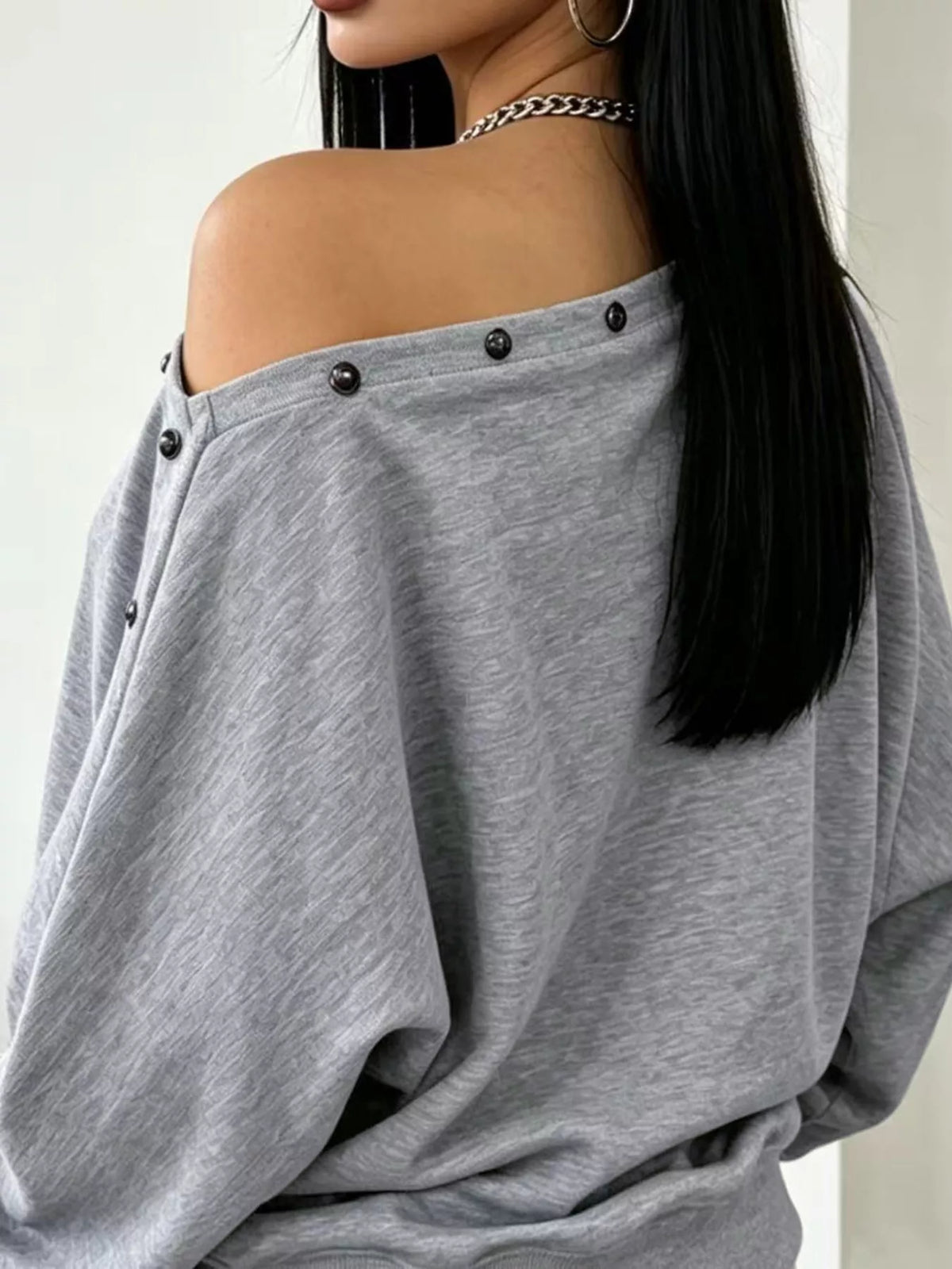 Studded Off Shoulder Long Sleeve T-Shirt in gray, stud detail