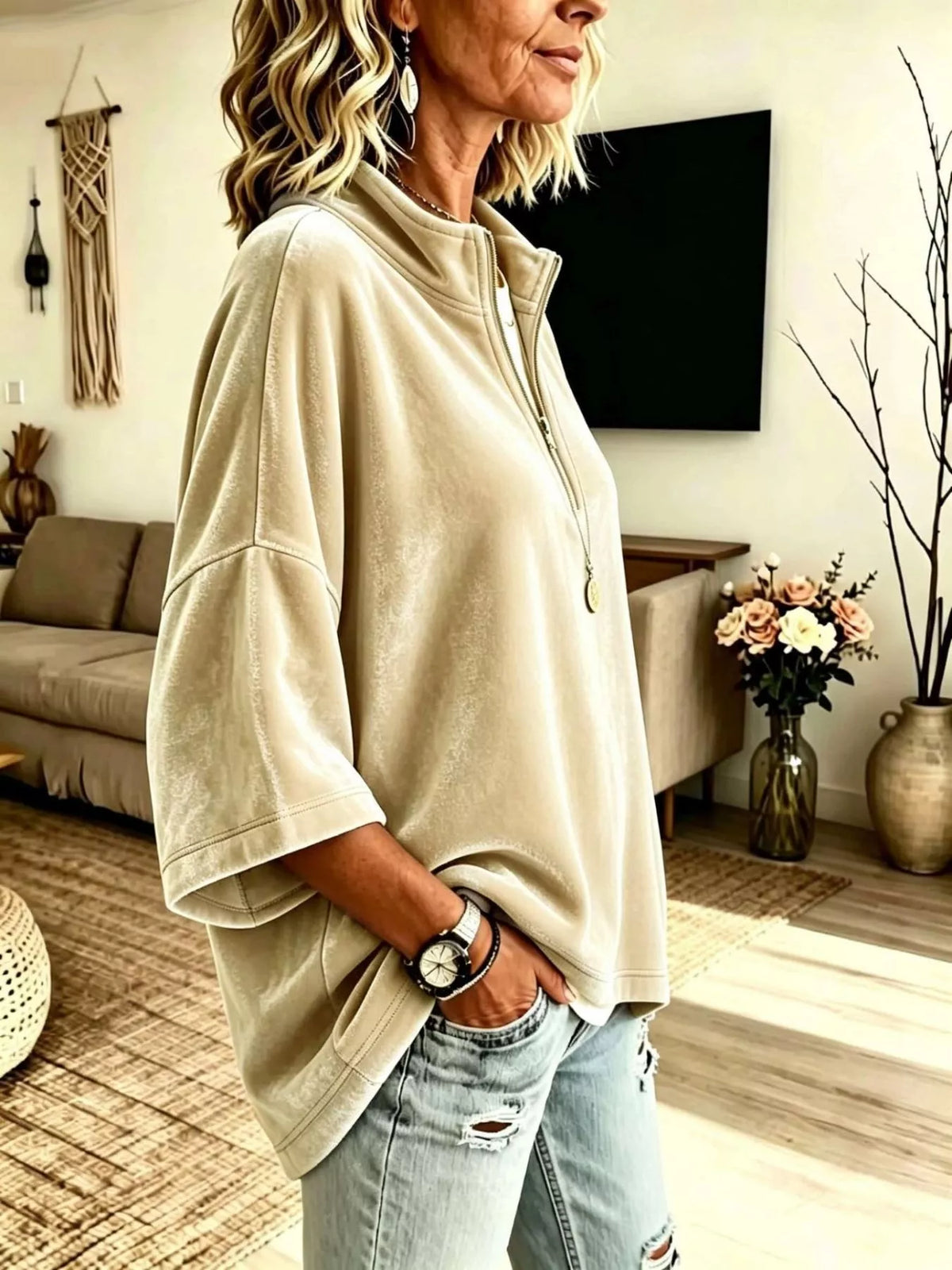 Trendsi Full Size Velvet Quarter-Zip Sweatshirt Plus Size -