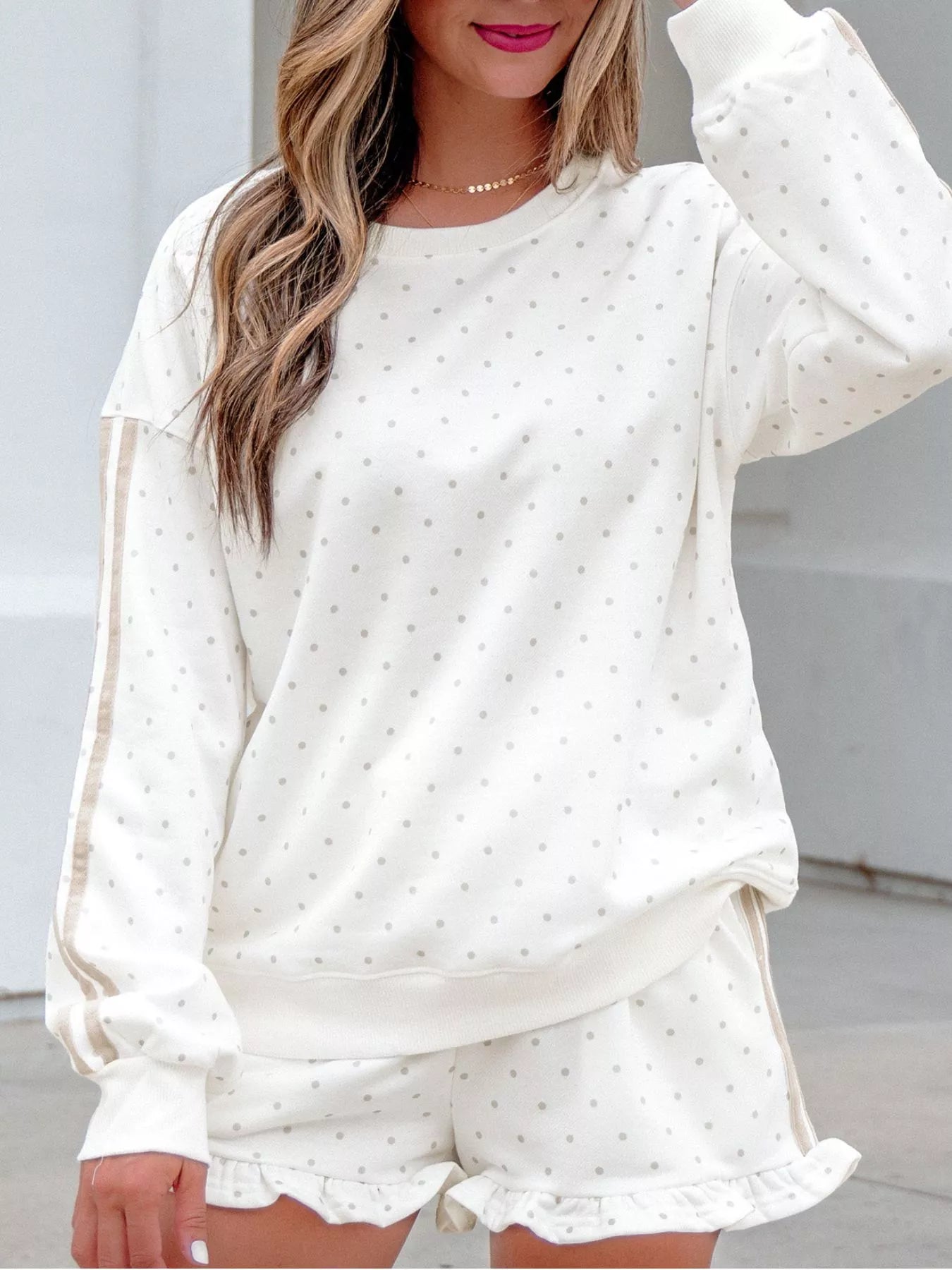 Trendsi Polka Dot Long Sleeve Sweatshirt and Shorts Set -