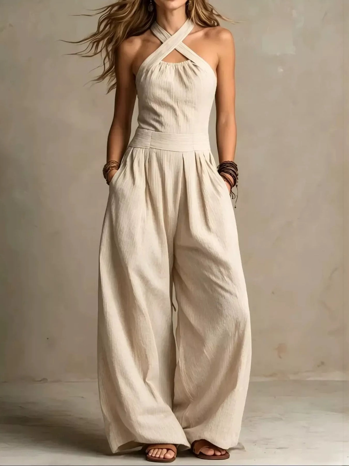 Wide-leg jumpsuit, cream front