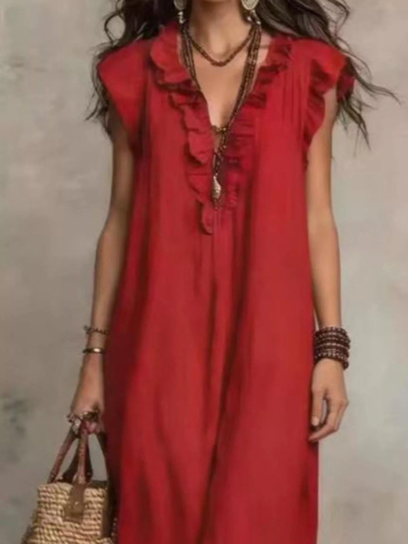 Trendsi Full Size Bohemian Ruffle Neck Maxi Dress Plus Size -