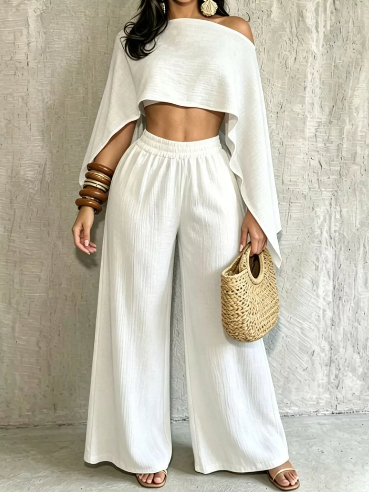 Women's Boat Neck Crop Top and Wide-Leg Pants Set in white — front view