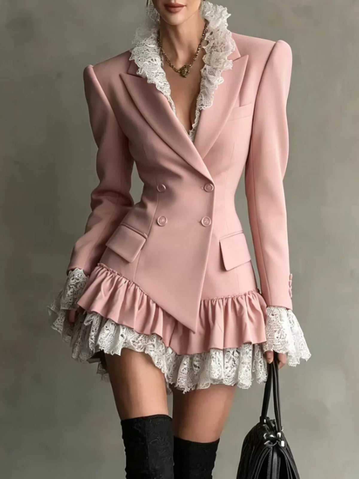 Pink lace trim blazer dress, front view
