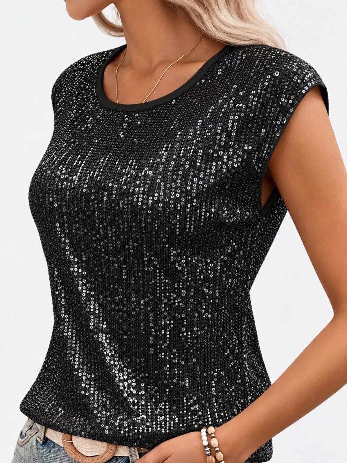 Black sequin round neck tank, side view