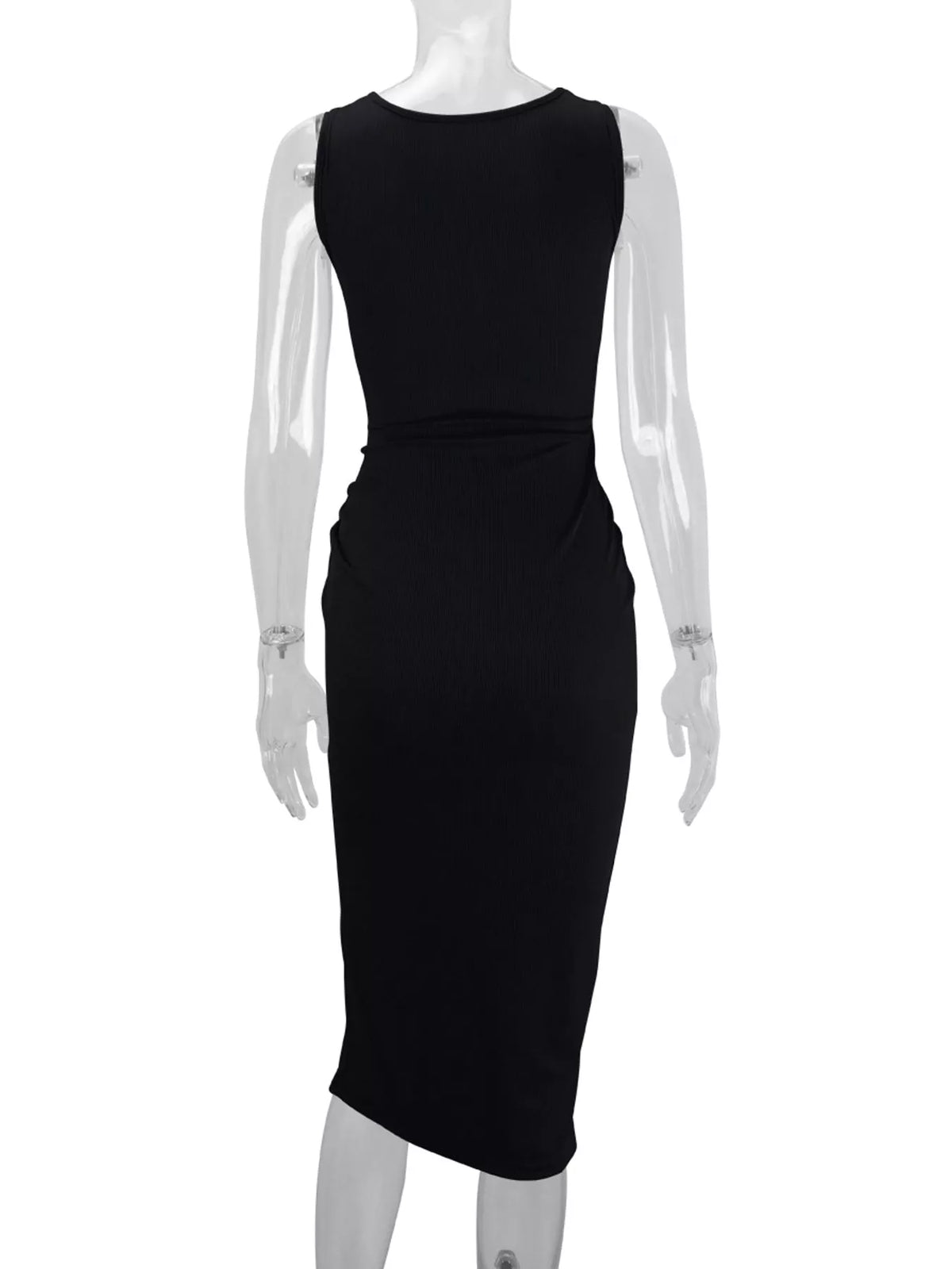 Women's Sleeveless Cut-Out Ruched High-Slit Bodycon Dress in black — mannequin back view