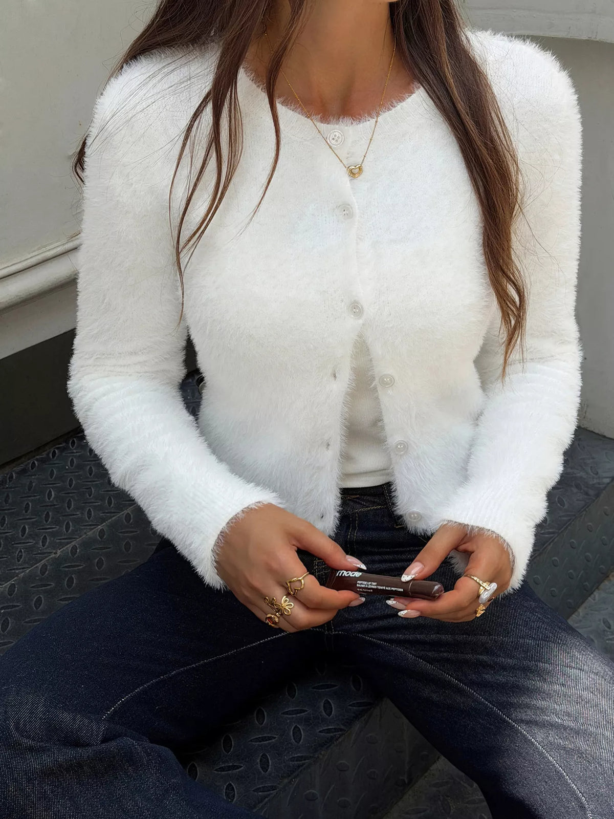 Fuzzy knit button-down cardigan
