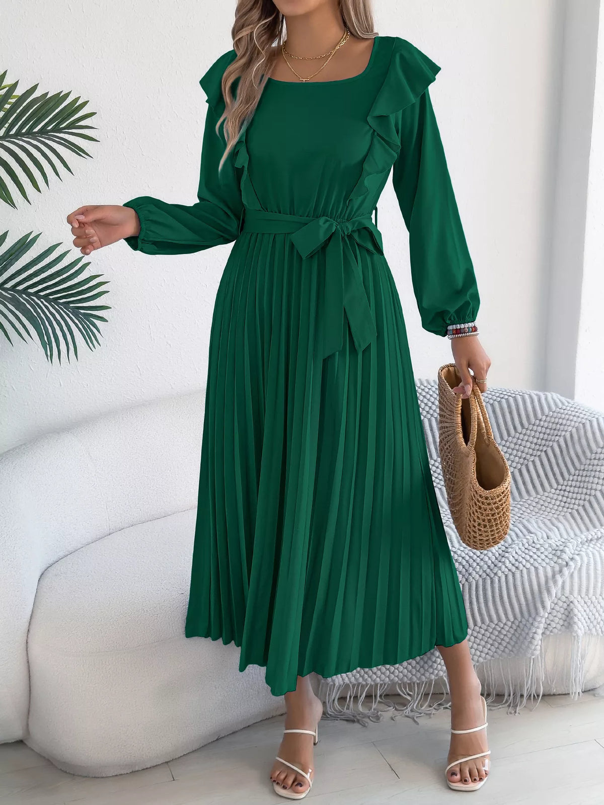 Green ruffled pleated tie-waist midi dress, full front view.