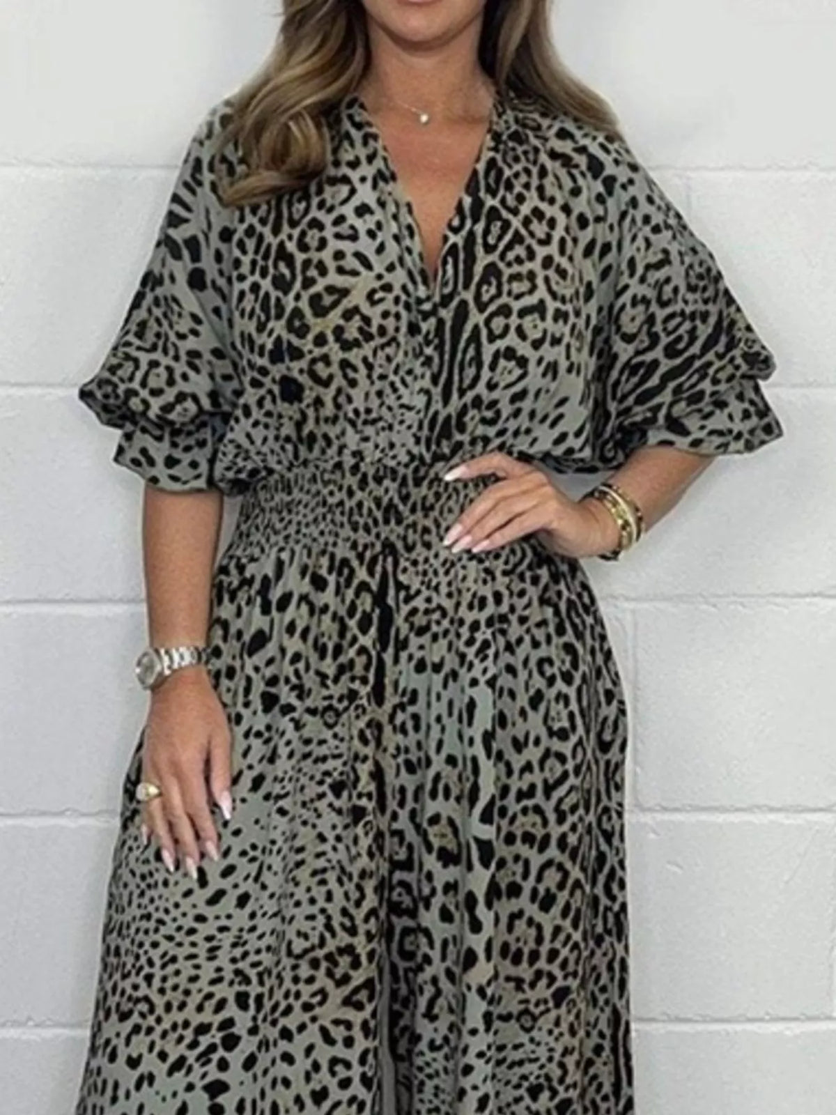 Gray leopard leopard print v-neck wide-leg jumpsuit — design and construction details