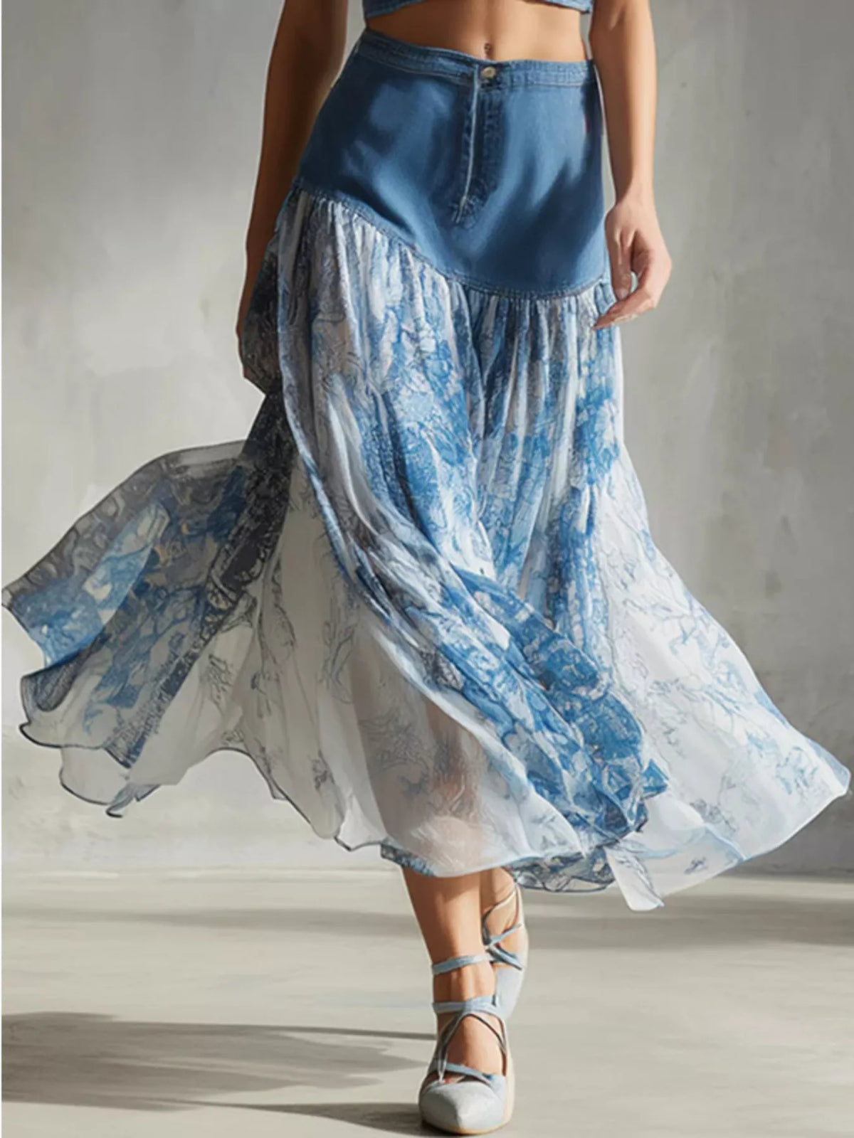 Trendsi Denim-Paneled Floral Print Skirt -