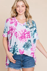 Trendsi BOMBOM Floral V-Neck Short Sleeve T-Shirt -