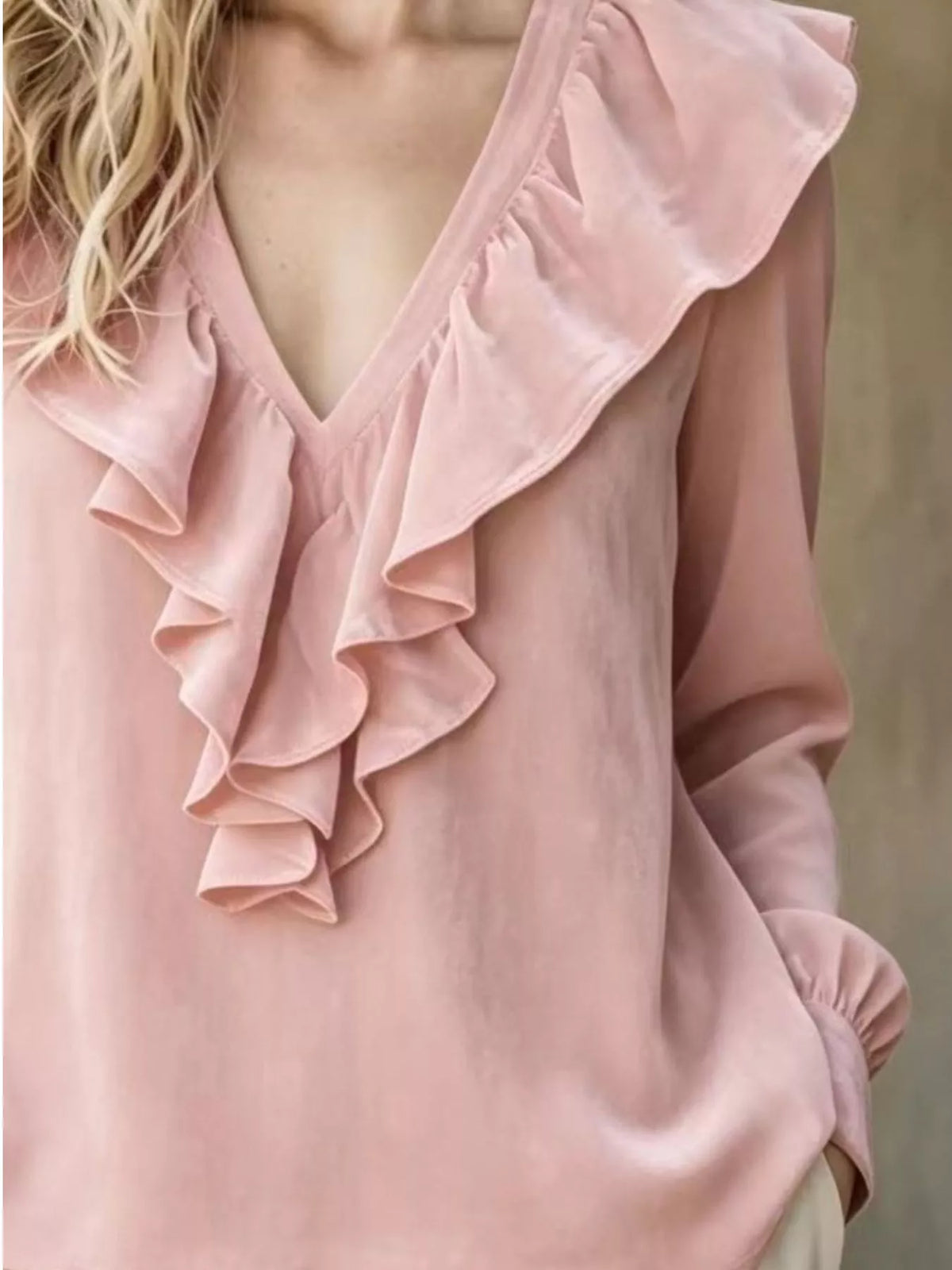 Dusty Pink Velvet Ruffled V-Neck Long Sleeve Blouse ruffle and sleeve detail