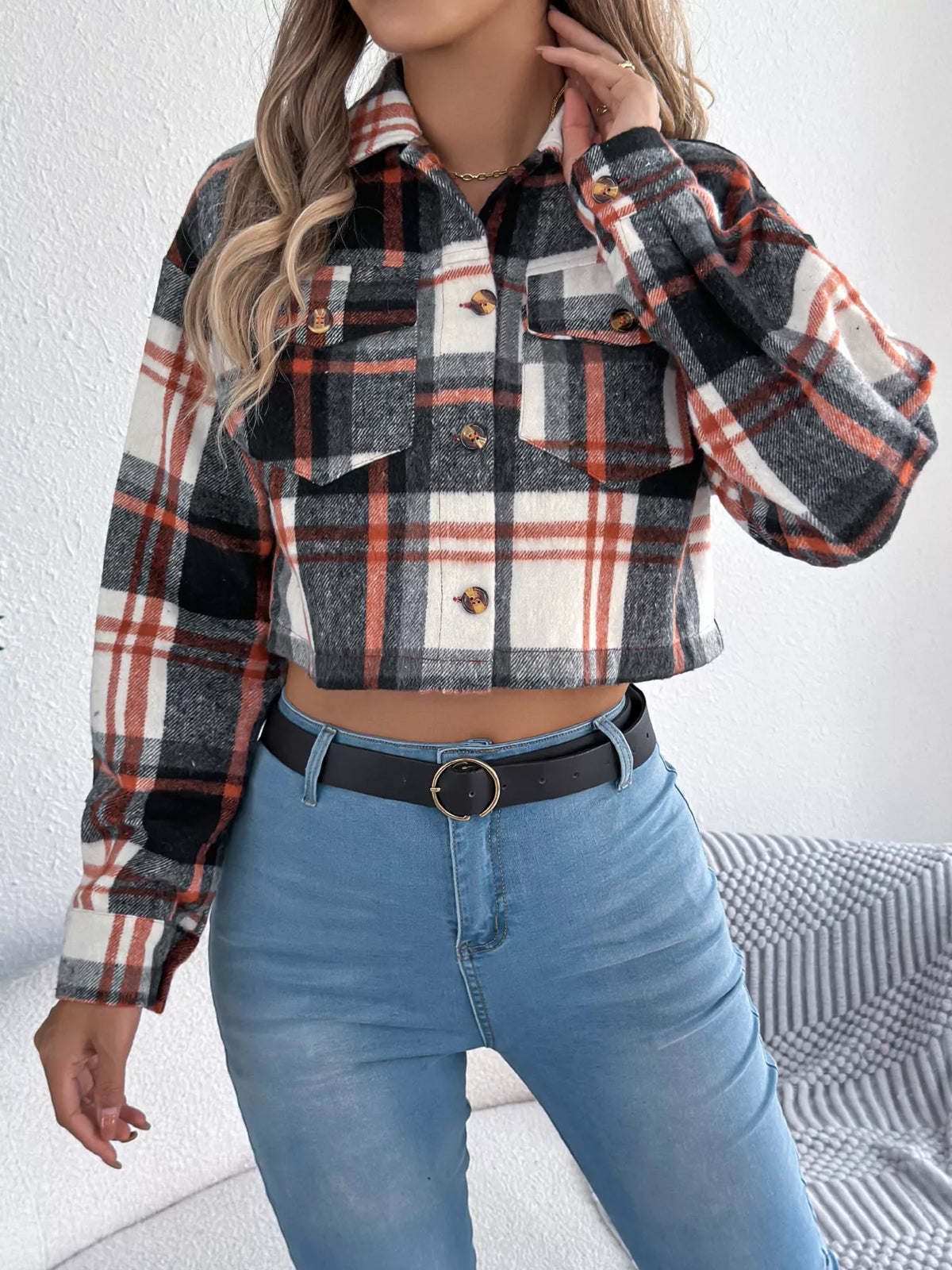 Black plaid button-up cropped jacket