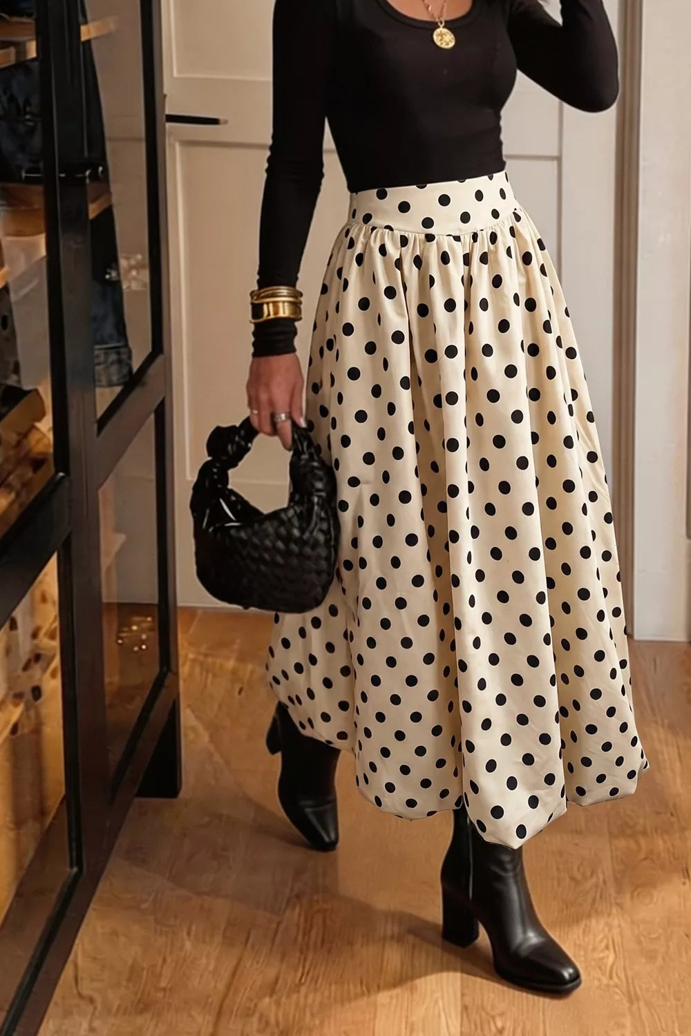 Polka dot bubble hem midi skirt