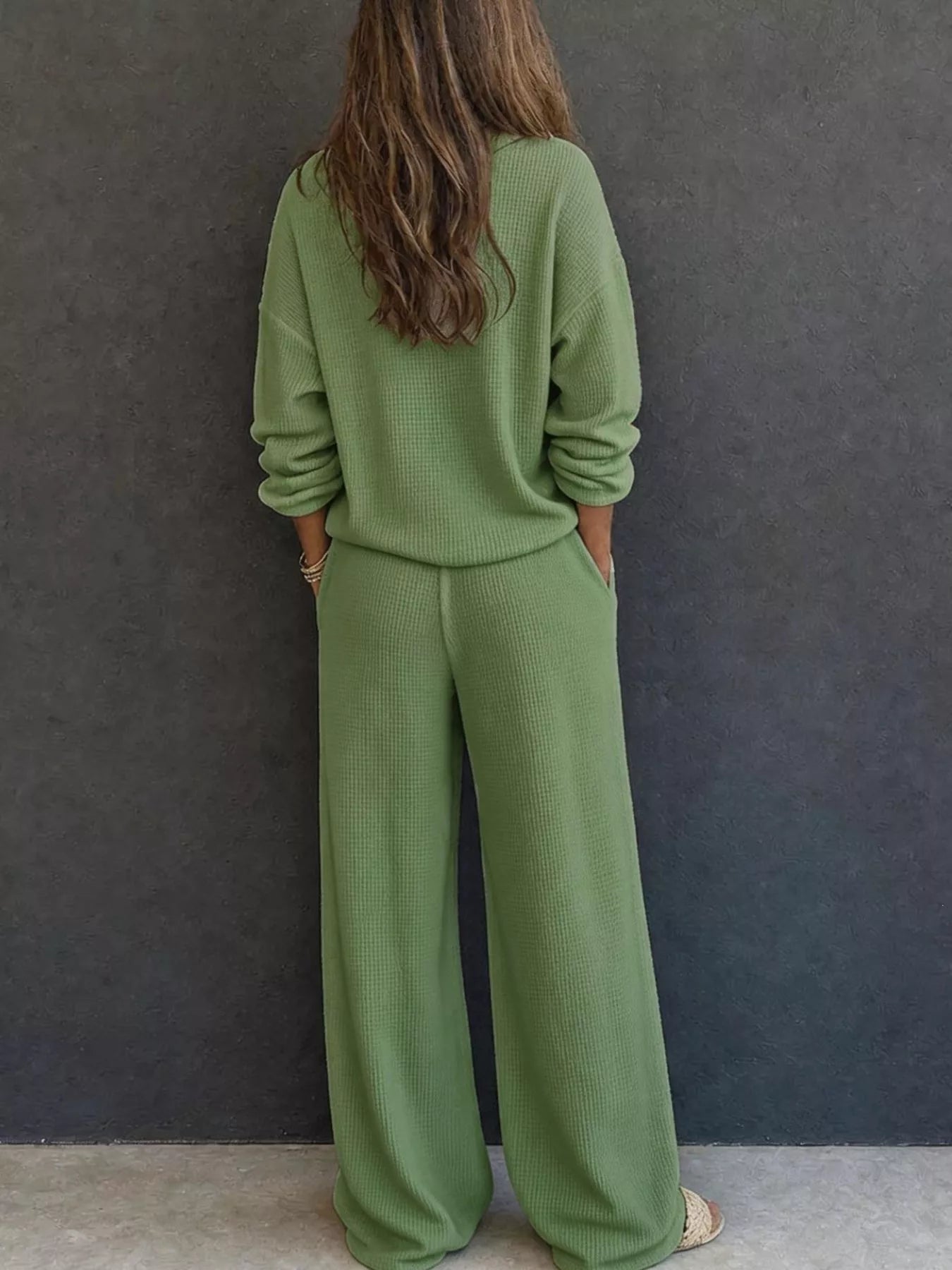 Trendsi Waffle Knit Henley Top and Wide Leg Pants Set -