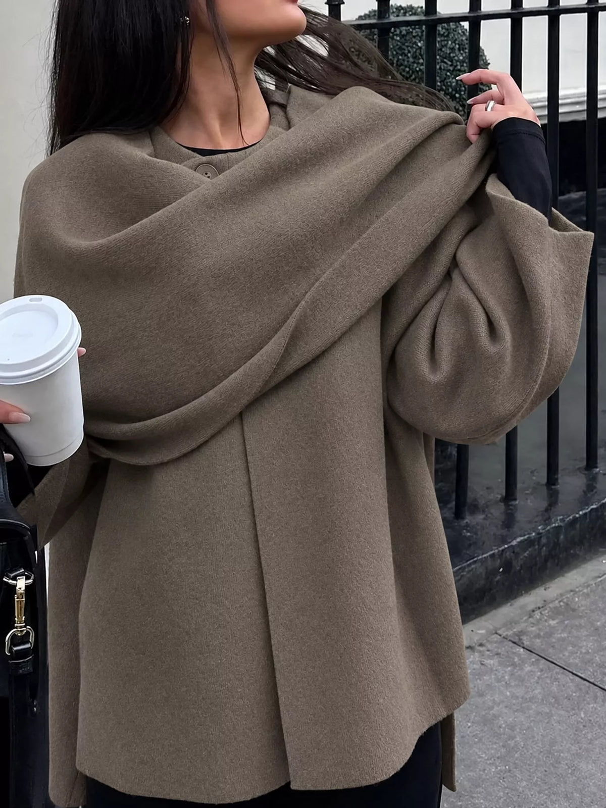 Oversized Drape-Front Knit Cardigan — front view
