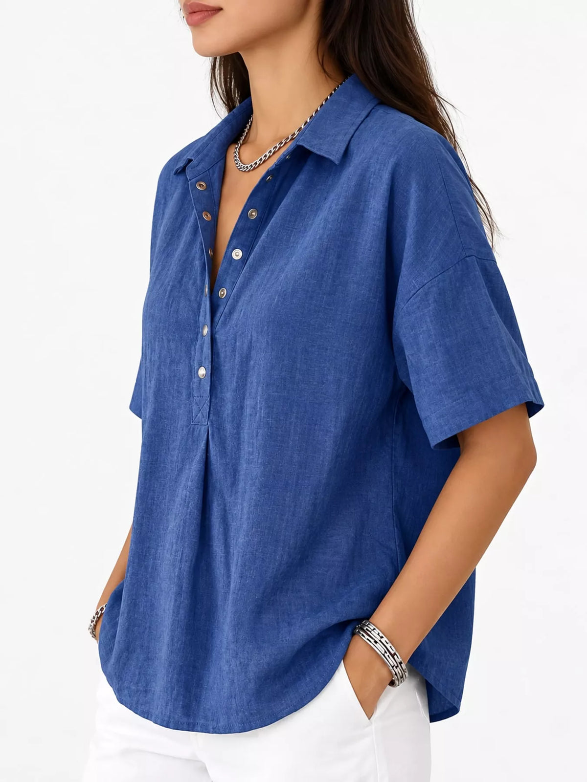 Snap Down Shirt in blue, side view