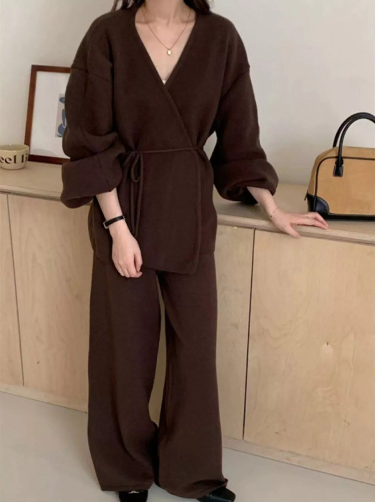 V-Neck Tied Wrap Cardigan and Wide-Leg Pants Sweater Set — front view