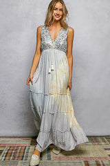 Trendsi POL Deep V Sleeveless Cotton Bohemian Tiered Maxi Dress -