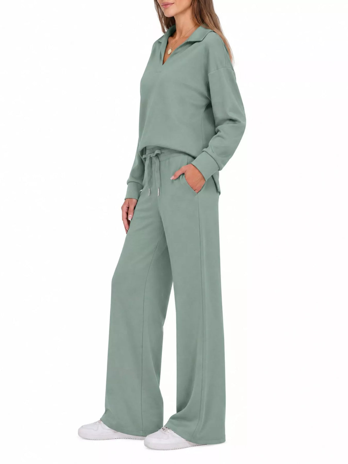 Top and drawstring pants set, sage side