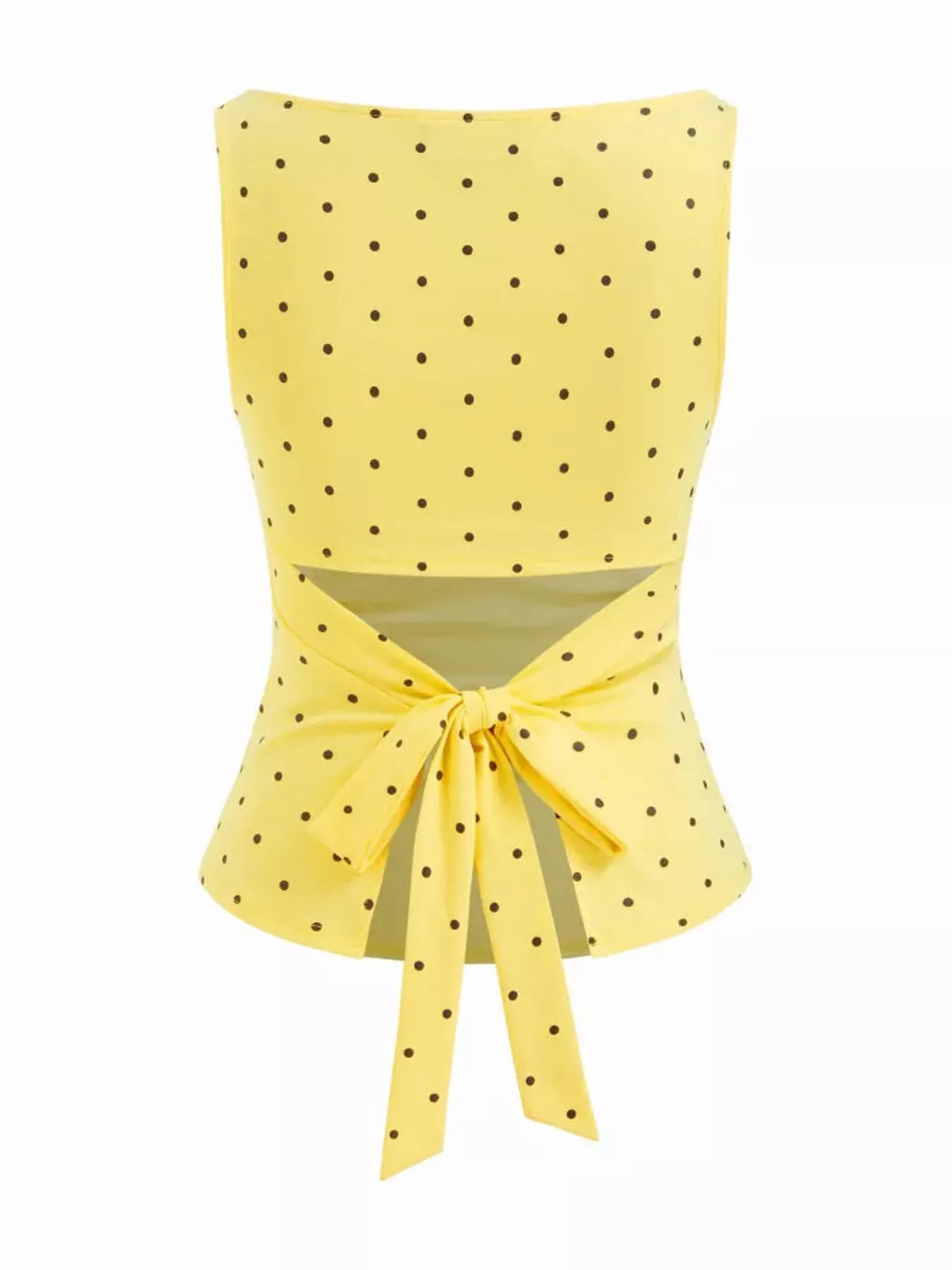 Polka Dot Print Sleeveless Tank Top with Tie Back, back view in yellow and black