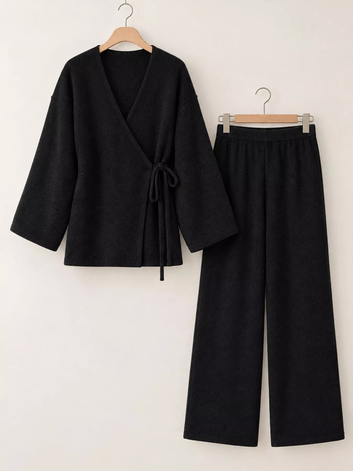 V-Neck Tied Wrap Cardigan and Wide-Leg Pants Sweater Set — garment front
