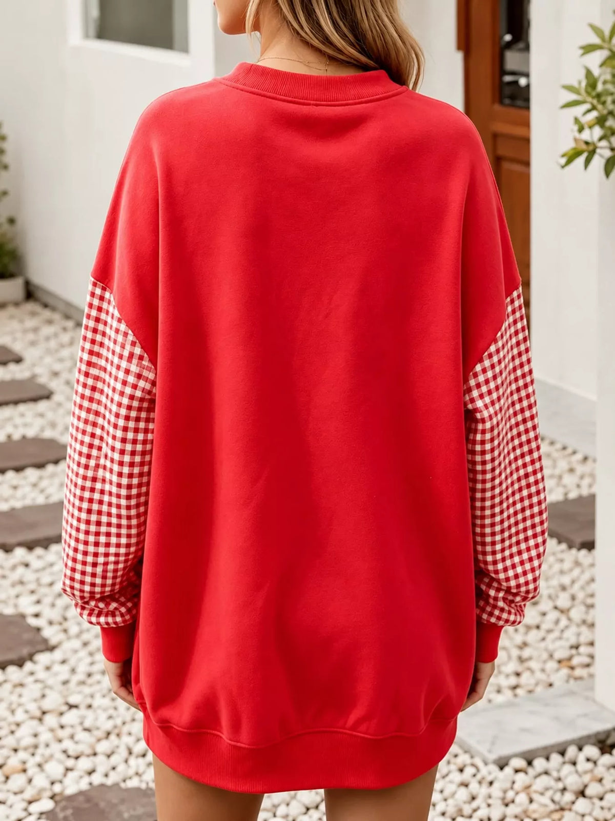 Red and white gingham sleeve dropped shoulder sweatshirt, back view
