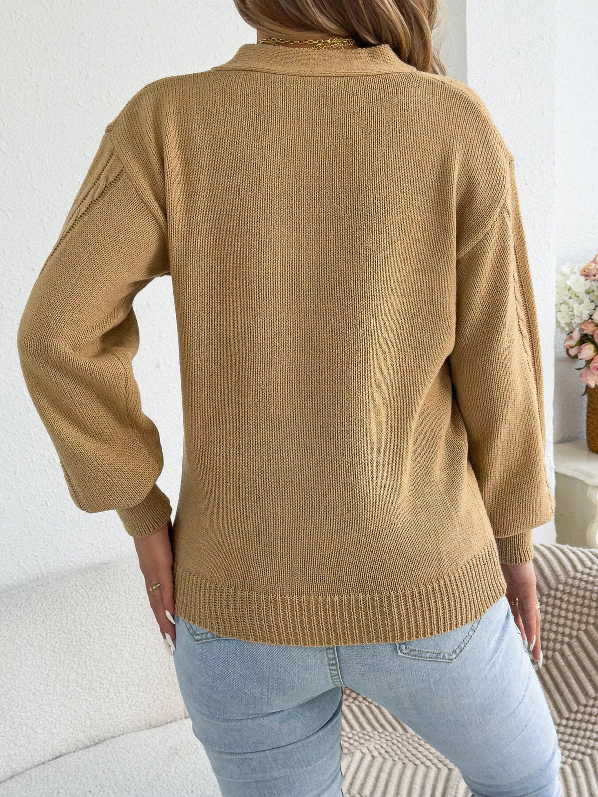 Khaki Color cut-out cable knit sweater, back view