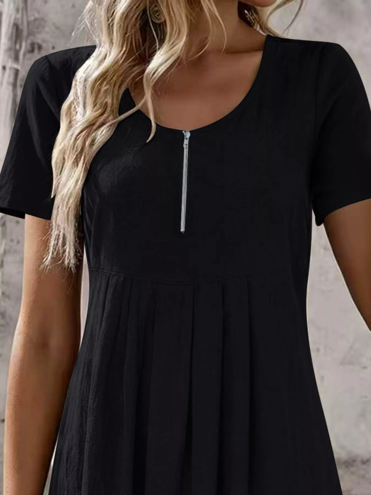 Trendsi Zipper-Front Short Sleeve A-Line Dress -