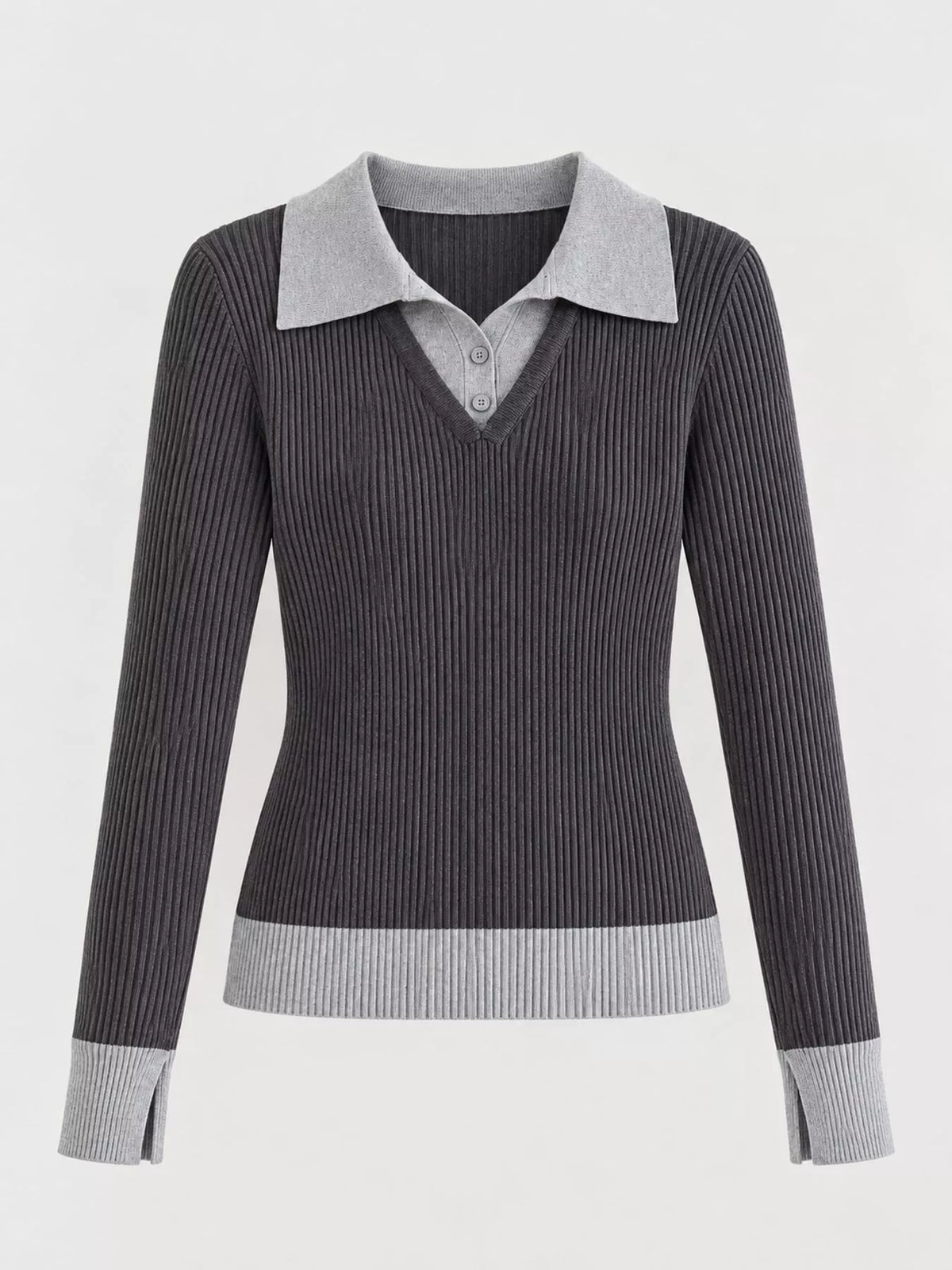 Contrast Collar Ribbed Knit Top with Button Detail in gray