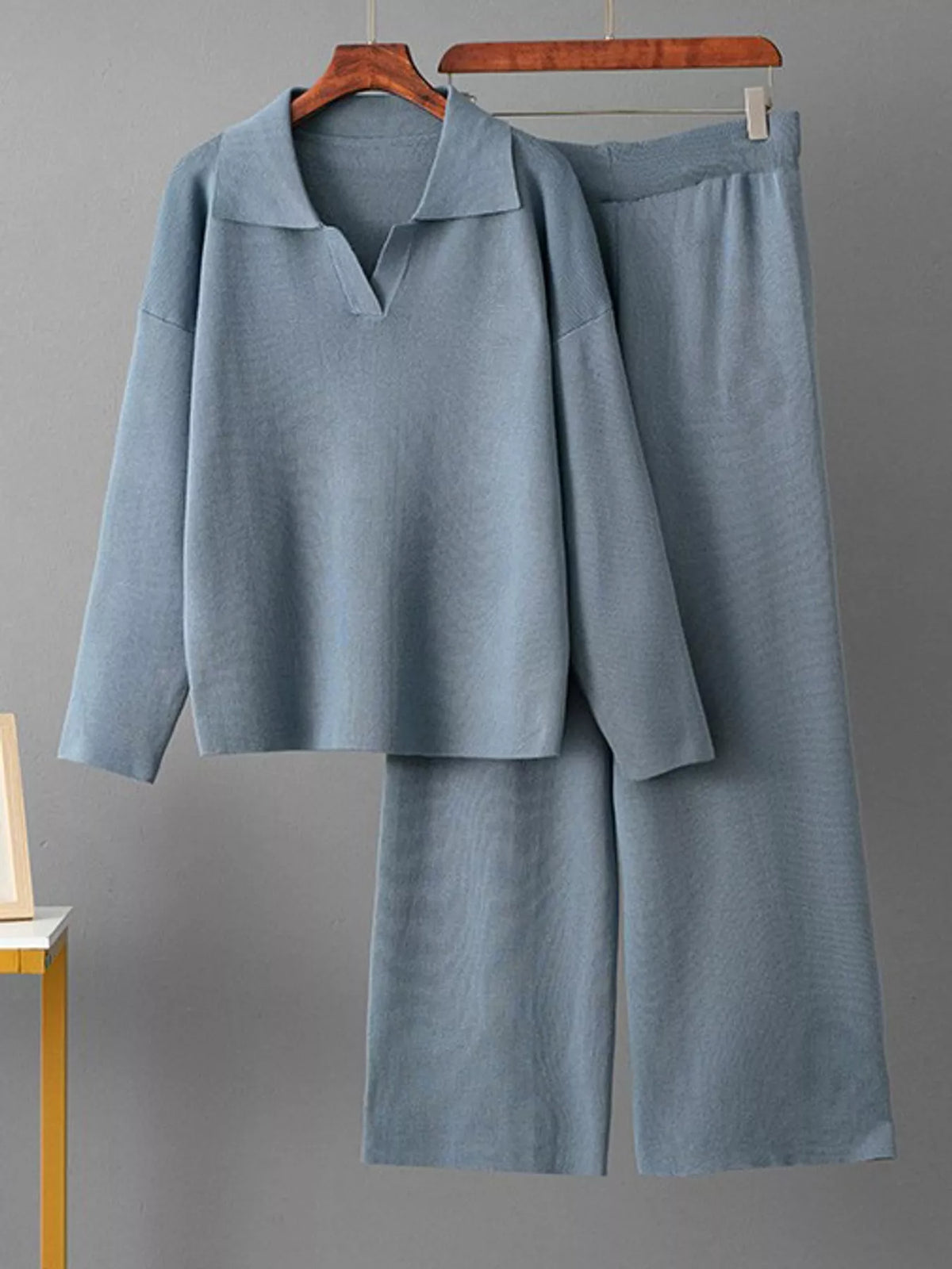 Collared Long Sleeve Knit Top and Wide-Leg Pants Sweater Set — garment front
