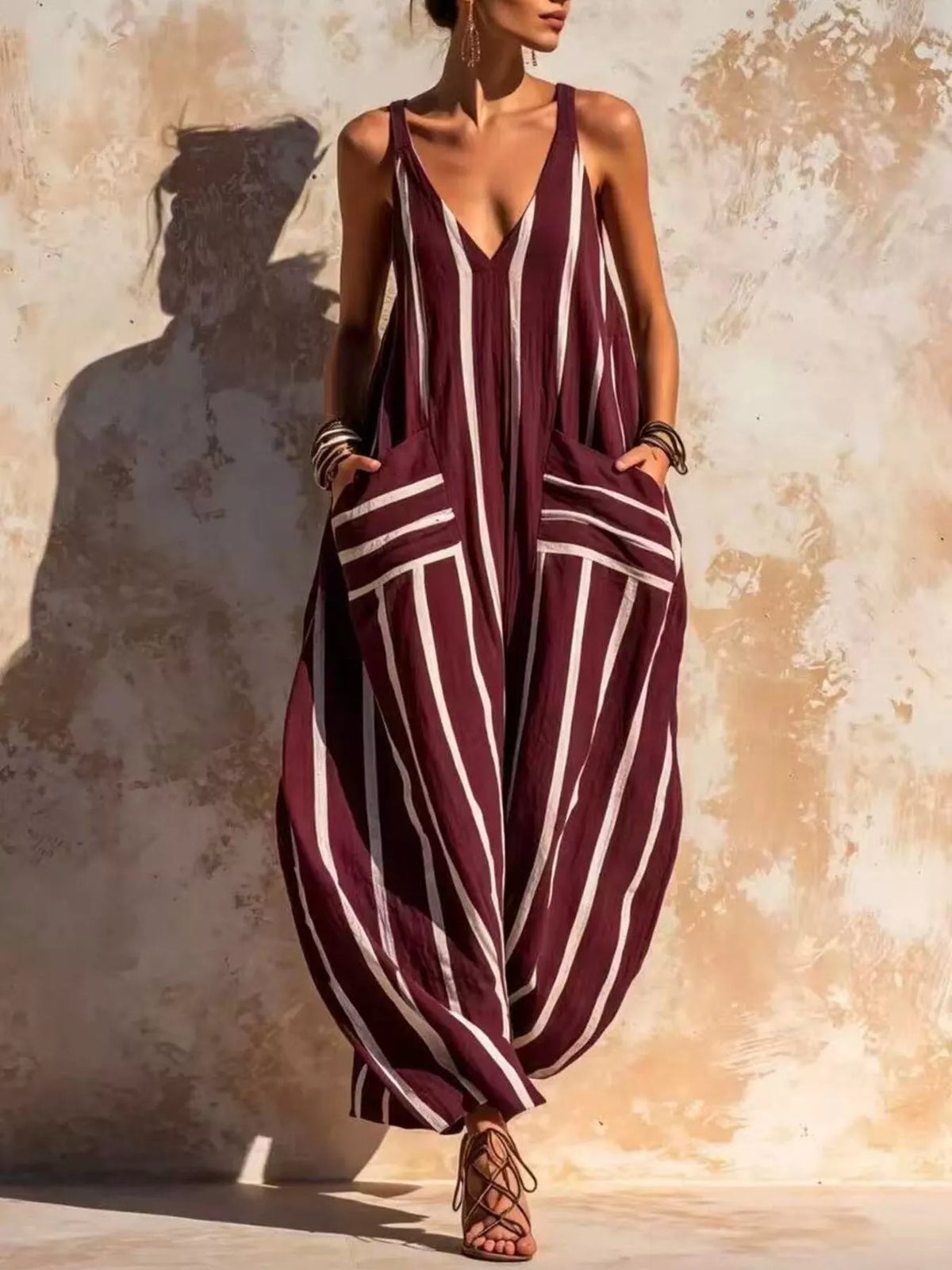 Burgundy and white striped sleeveless jumpsuit, full front view