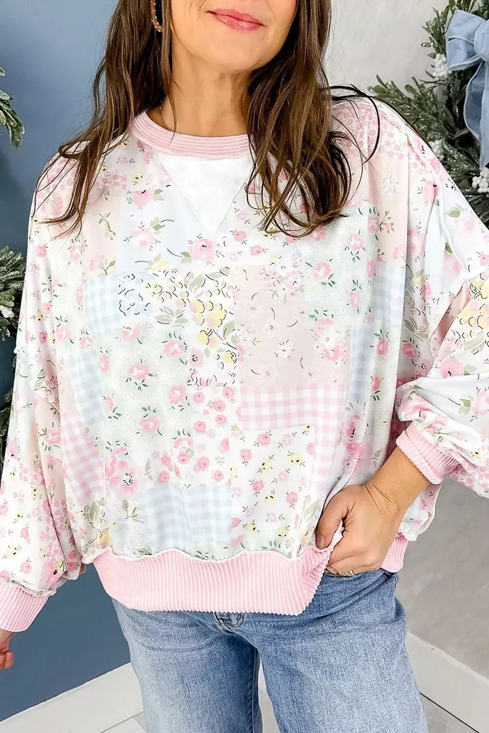 Trendsi Twisted Ribbed Trim Floral Print Patchwork Long Sleeve Top -