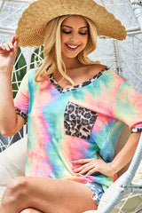 Trendsi BiBi Tie Dye Print V Neck Top With Front Patch Pocket -