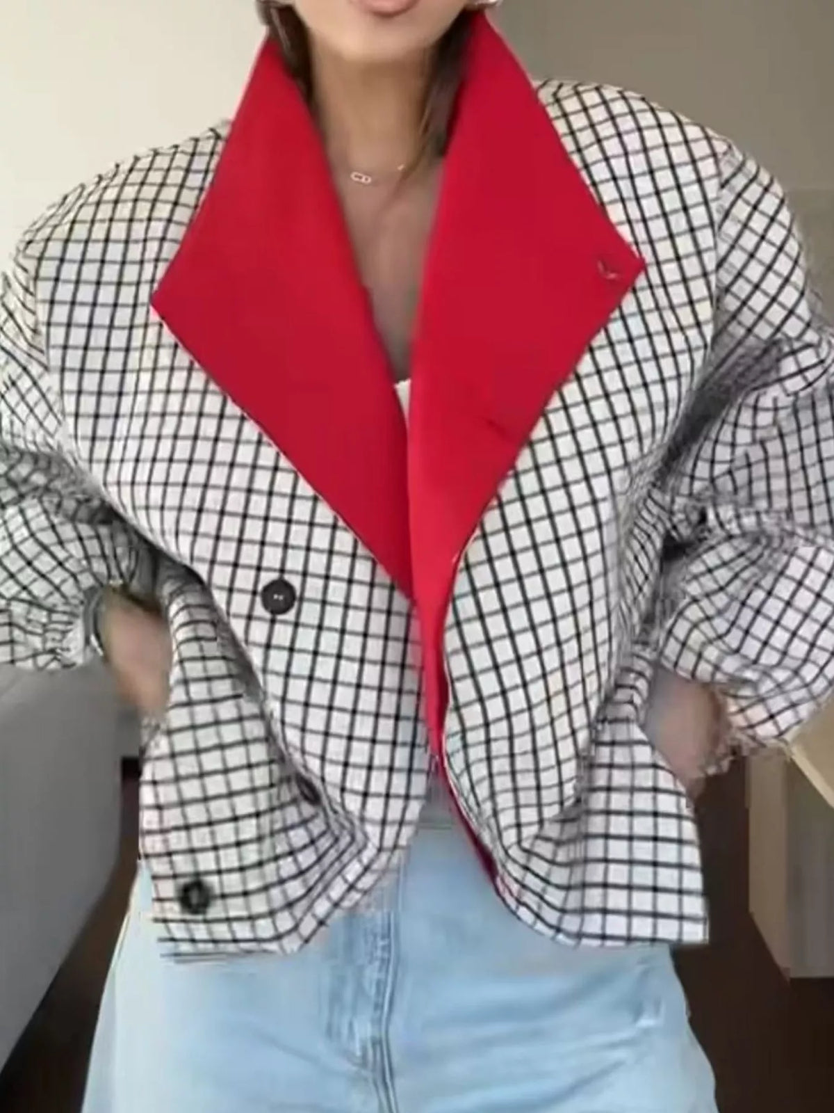 White and black check contrast lapel plaid jacket — front view