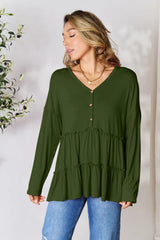 Trendsi Double Take Half Button Long Sleeve Ruffle Hem Blouse - Pants