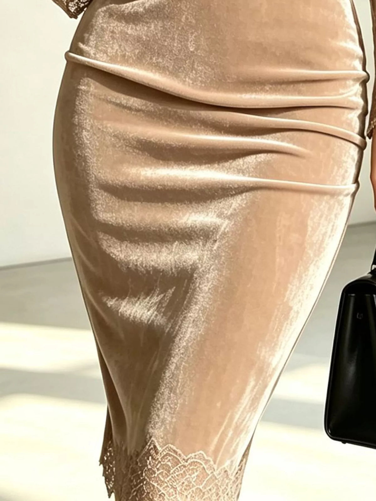 Velvet and lace dress, beige ruched skirt detail