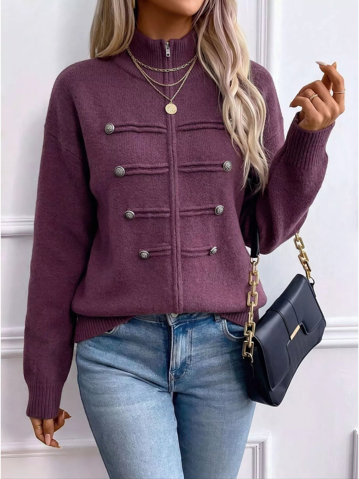 Purple zip-up long sleeve cardigan with decorative buttons