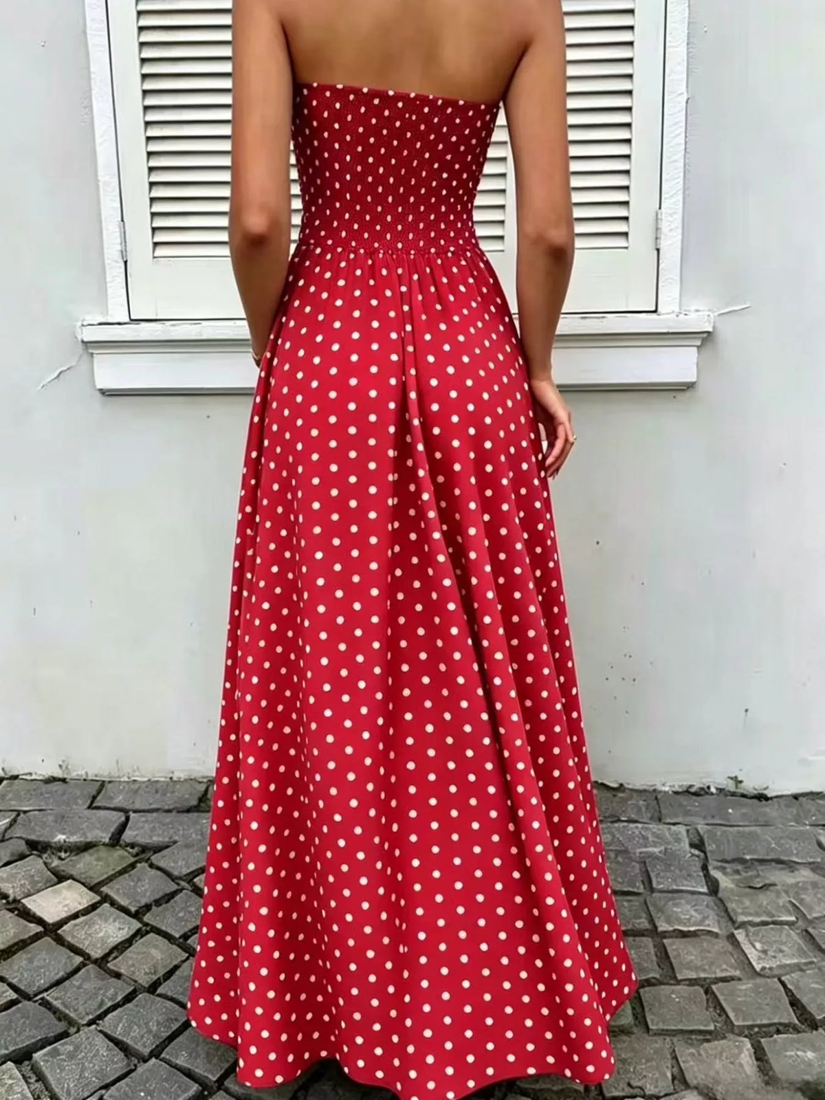 Women's Strapless Polka Dot Ruched Maxi Dress in red dots — back view