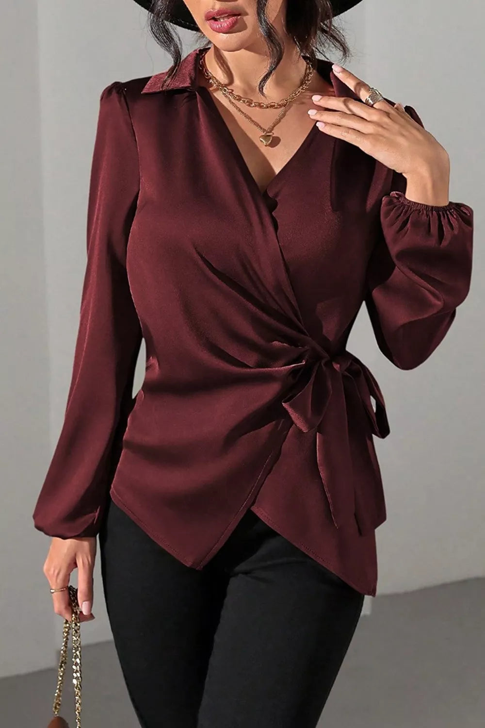 Trendsi Satin Tied Detail Long Sleeve Blouse -