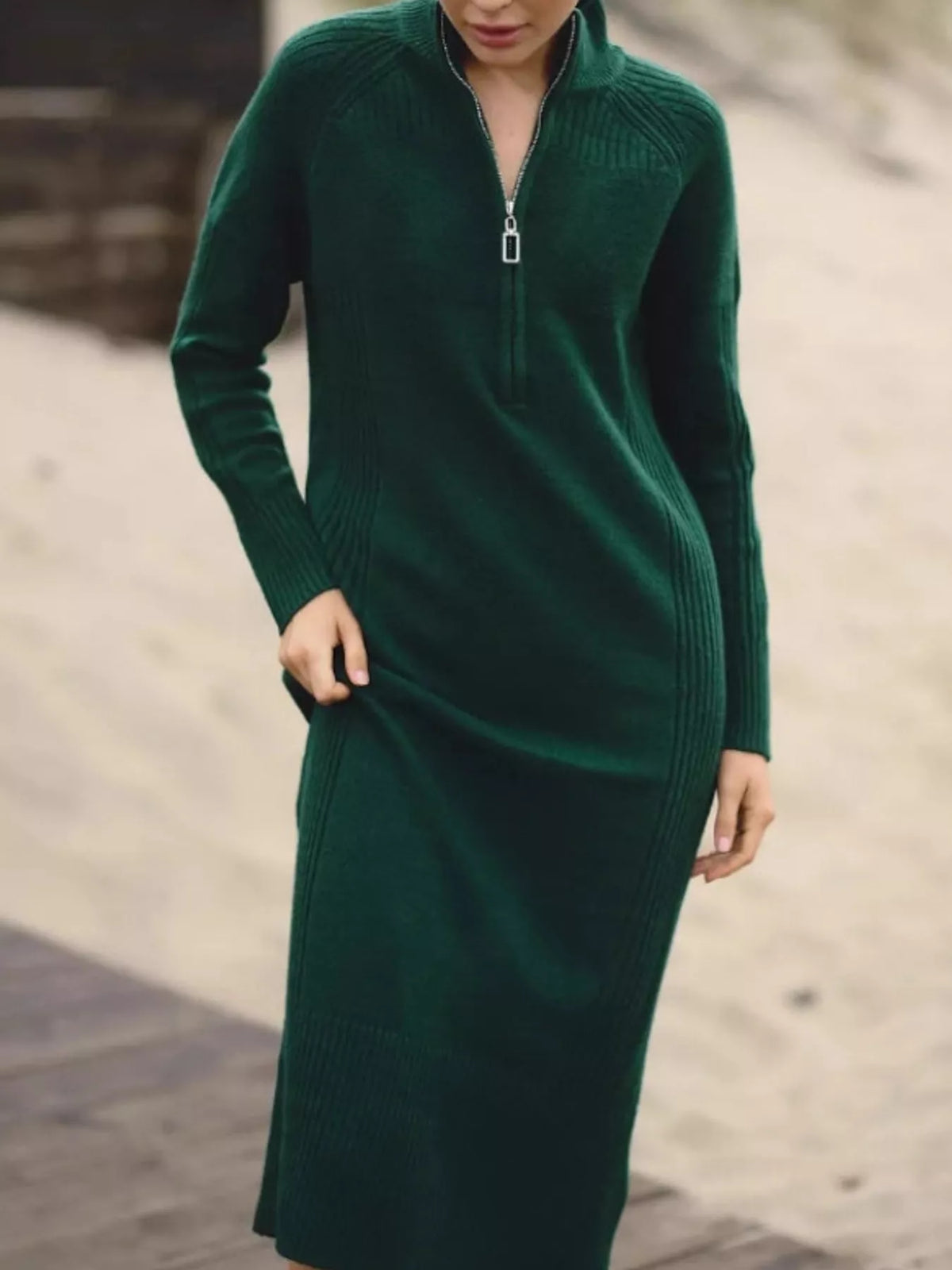 Green half-zip ribbed knit sweater dress — front view