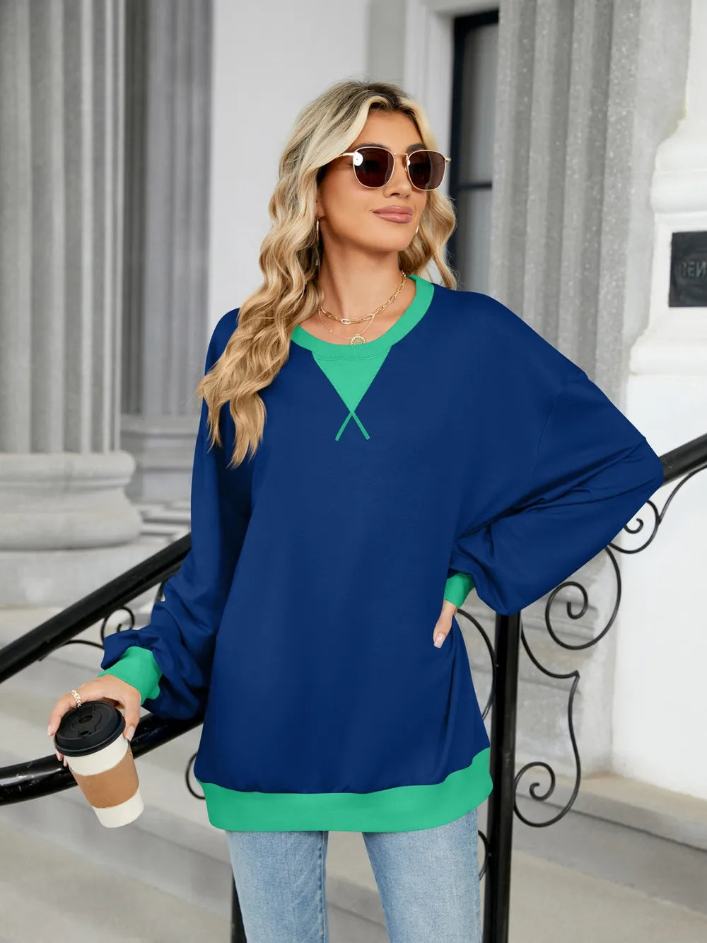 Trendsi Contrast Round Neck Long Sleeve Sweatshirt -