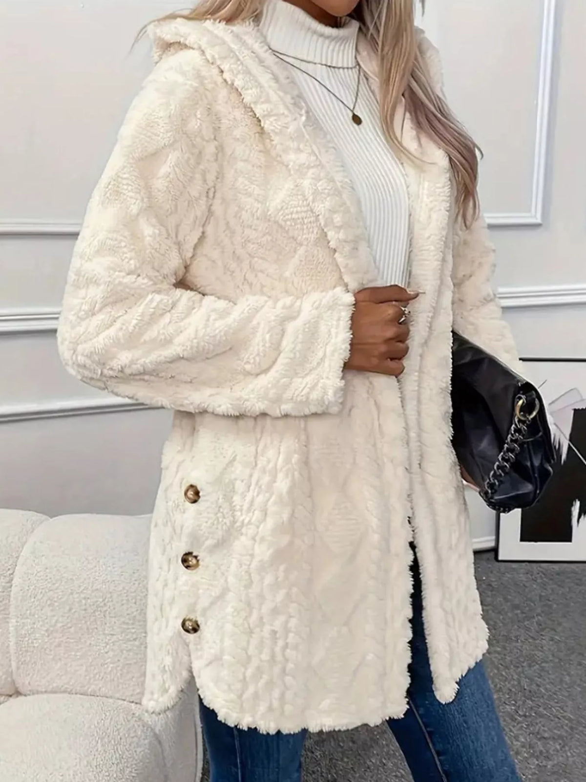 White cable knit faux fur hooded jacket