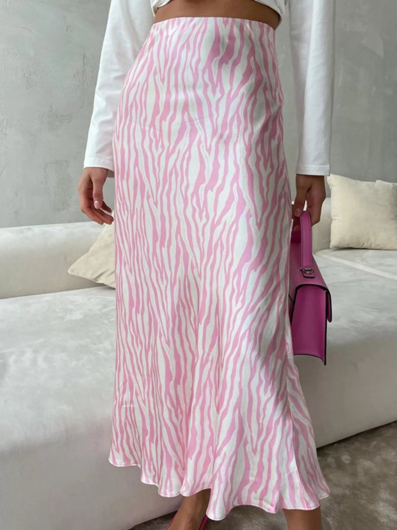Trendsi Satin Zebra Print Midi Skirt -